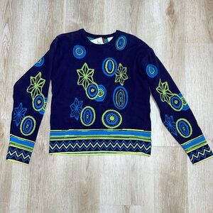 VTG 90s Kenzo Jungle Navy Green Floral Print Sweater sz 14Y 100% Cotton